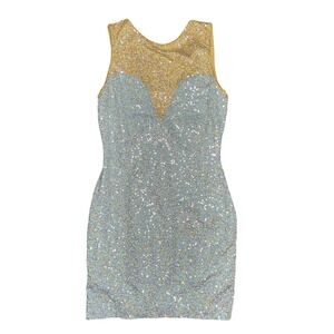 Dressesandotherdrugs Womens Sequin Mini Dress Blue Gold V Back Sleeveless Large